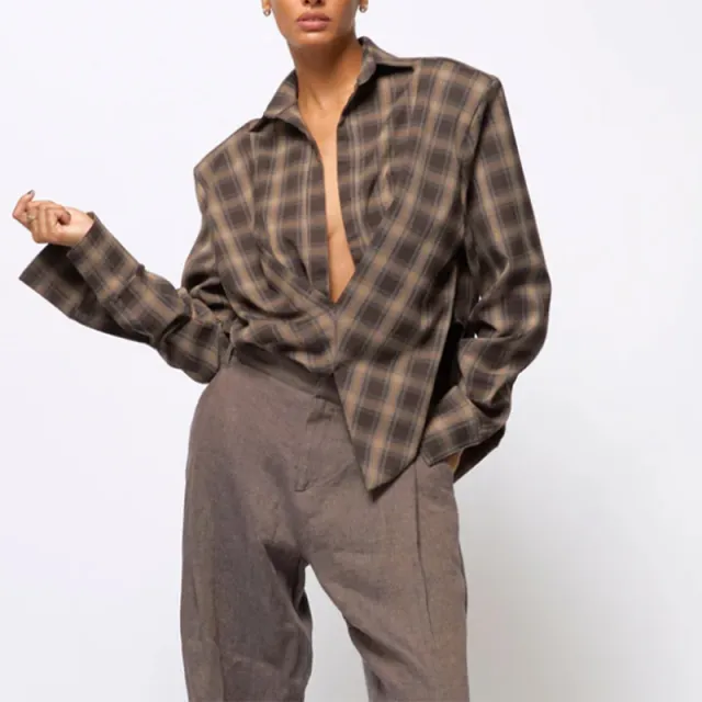 Women's Plaid Low Collar Shirt Brown - Shop at LoveMi