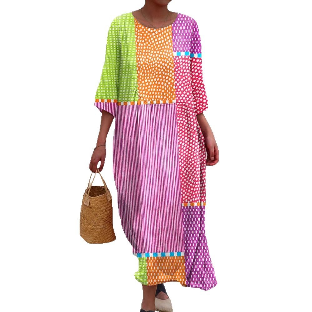 Texture Floral Three-quarter Sleeve Midi Dress Casual Creative