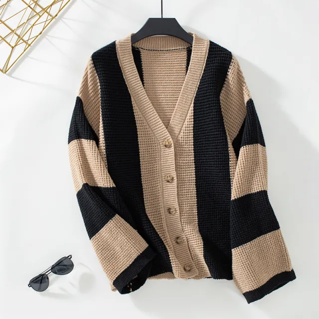 Contrast Color Striped Women's Sweater Cardigan Loose Sweater Khaki - Shop at LoveMi