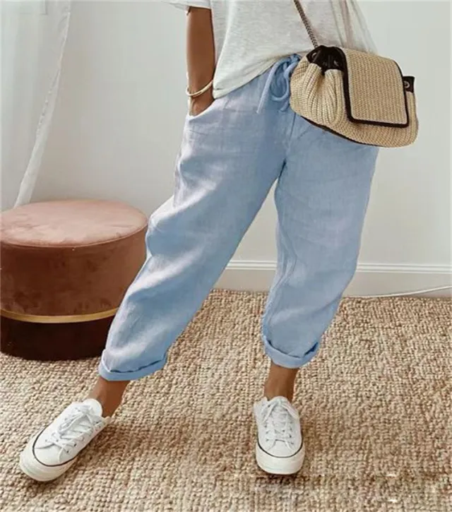 Women's Denim Pocket Elasticated Slacks Light Blue - Shop at LoveMi