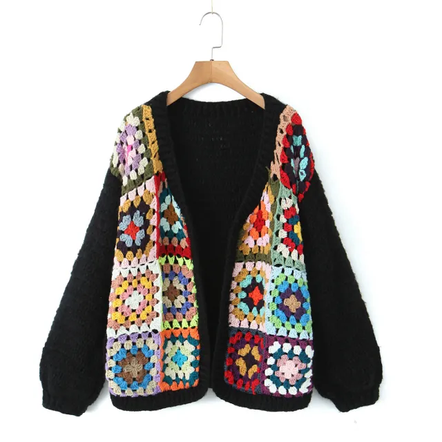 Women's Flower Stitching Loose Sweater Black - Shop at LoveMi