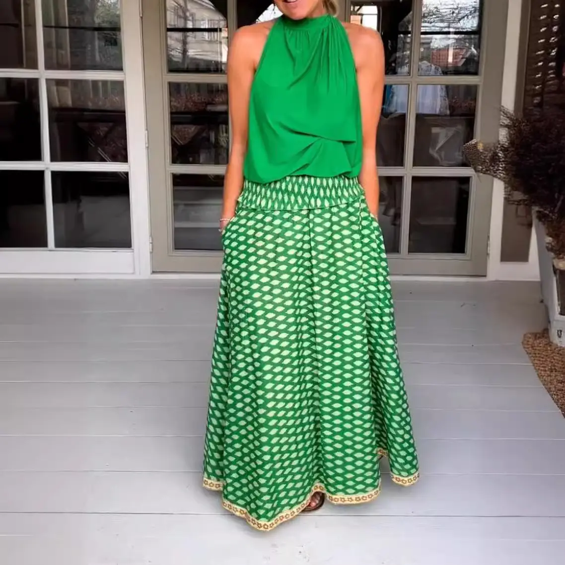 European And American Style Quilted Print Pocket Skirt For Women