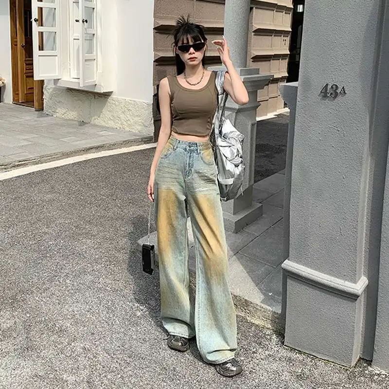 American Retro Mud Yellow Wide Leg Jeans - Old Colour Lengthened