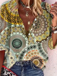 Bohemian Retro Geometric Print Colorful Spring And Autumn Women's Stand Collar Loose Shirt - Tan - View 1