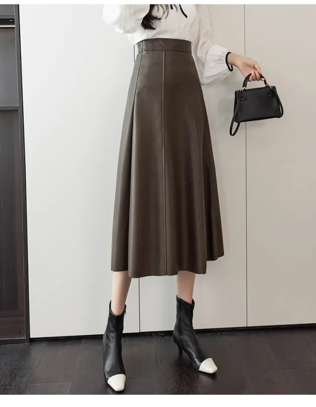 Women's Autumn And Winter High Waist PU Leather Skirt Brown - Shop at LoveMi