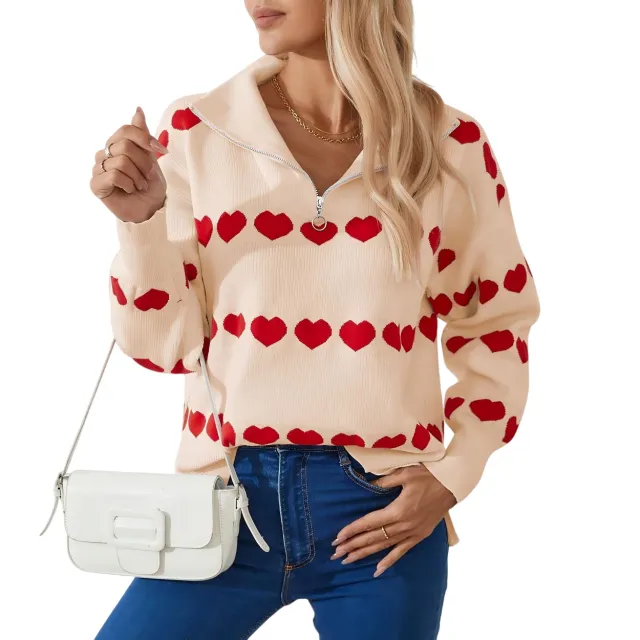 Female With Hearts Contrast Color Pullover Top Apricot Red - Shop at LoveMi