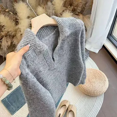 Idle Style Lapel Casual Design Sense Niche Slimming Sweater Gray - Shop at LoveMi