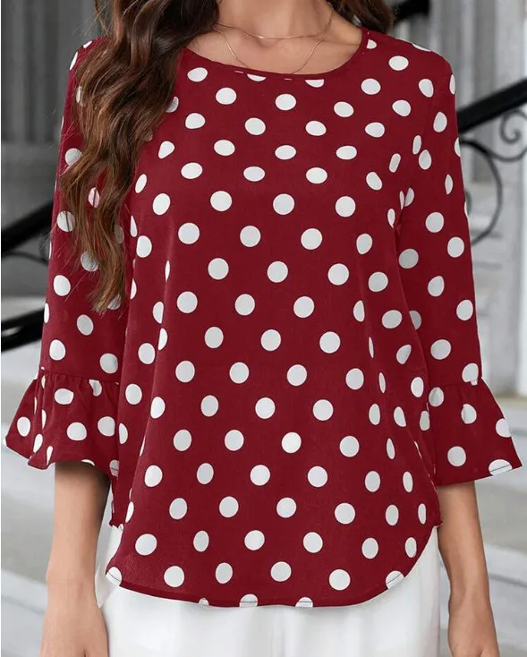 Women's Polka Dot Printed Round Neck Shirt Brick Red - Shop at LoveMi