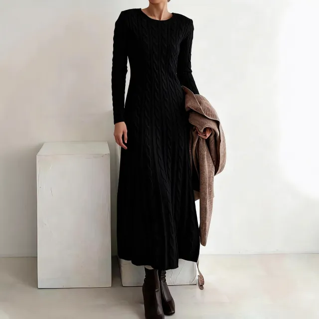 Women's Solid Color Round neck Cable Knit Dress Black - Shop at LoveMi