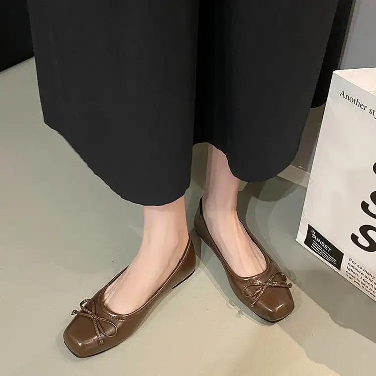 Womens Solid-color Low-cut Bow Flat Shoes