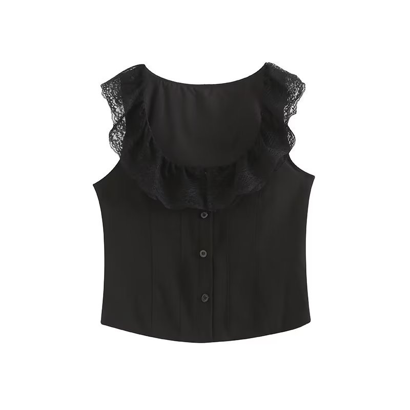 Summer Pure Lace Lace Vest Top And Mid length High Waist Fishtail Skirt Black - Shop at LoveMi