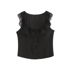 Summer Pure Lace Lace Vest Top And Mid-length High Waist Fishtail Skirt - Black - View 1