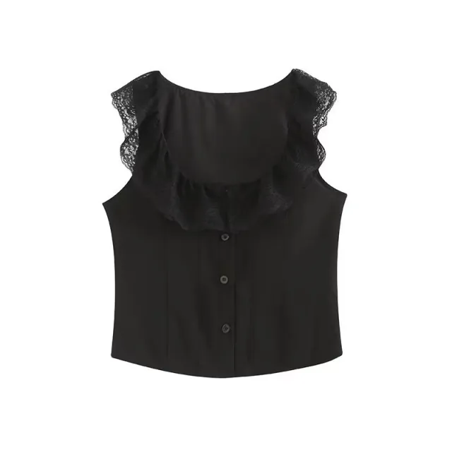 Summer Pure Lace Lace Vest Top And Mid length High Waist Fishtail Skirt Black - Shop at LoveMi