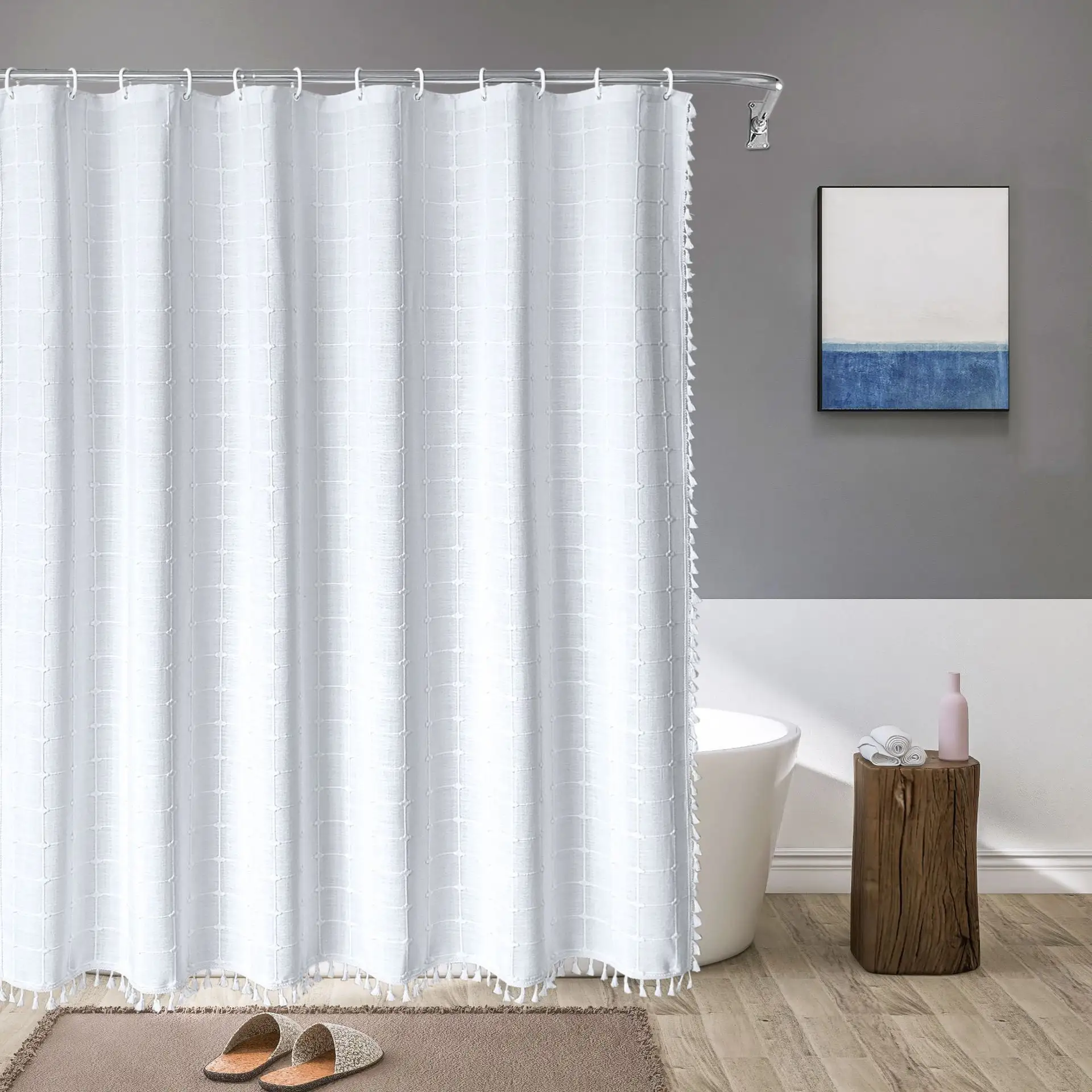 Tencel-linen Checkered Tassel Bathroom Partition Curtain Waterproof