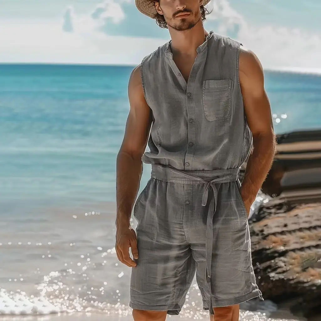 Mens Buttoned One-Piece Nap Vest And Shorts Set