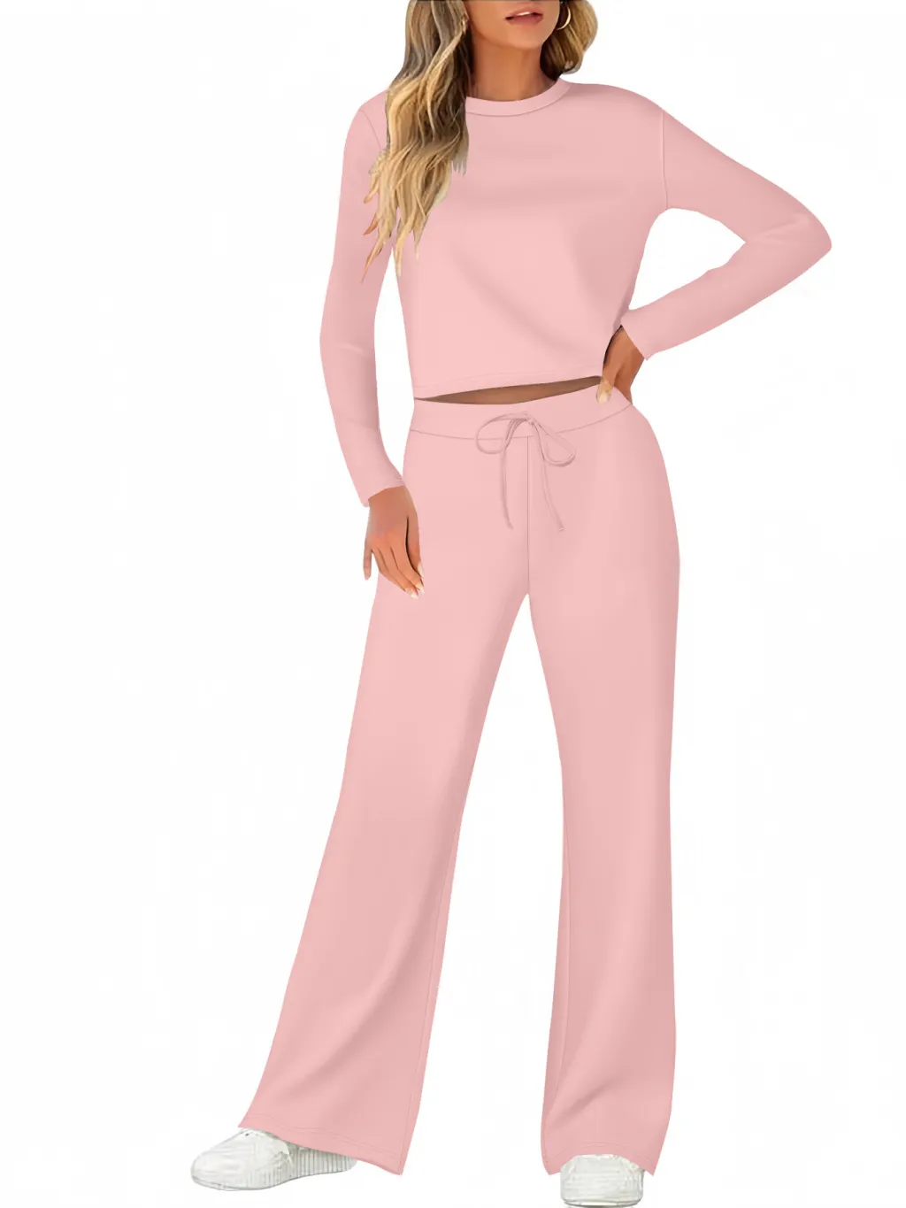 Solid Color T-shirt Round Neck Long Sleeve Trousers Suit - Pink