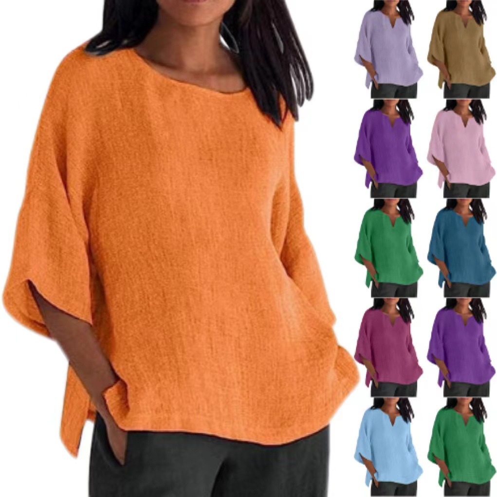 Womens Casual Crew-neck Cotton-linen Shirt Top