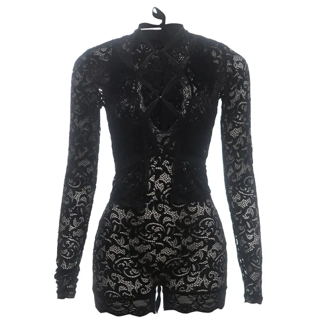 Fashion Women's Lace Crochet See through Jumpsuit Black - Shop at LoveMi