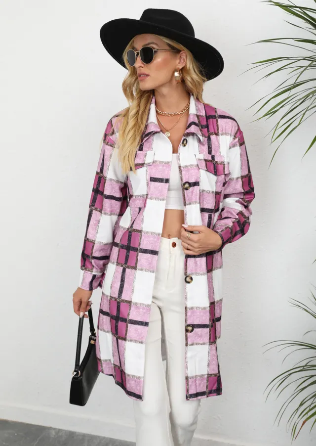Women's Plaid Single breasted Lapel Long sleeved Coat 109630 Pink - Shop at LoveMi