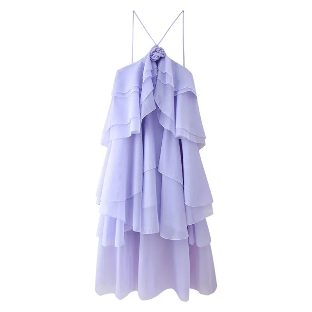 Summer Multi color Laminated Halter Flower Decorative Sling Dress Purple - Shop at LoveMi