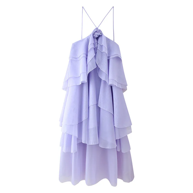 Summer Multi-color Laminated Halter Flower Decorative Sling Dress - Purple