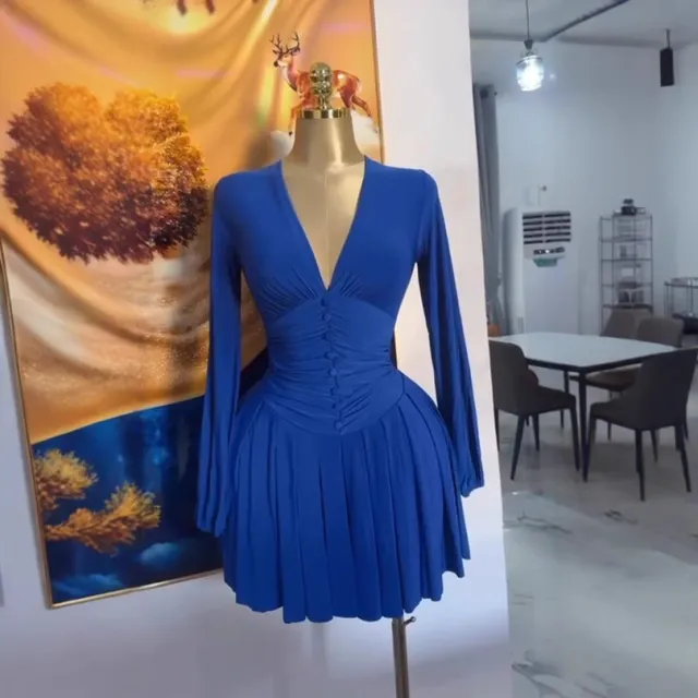 French style Womens Pleated V neck Long sleeve Dress Blue - Shop at LoveMi