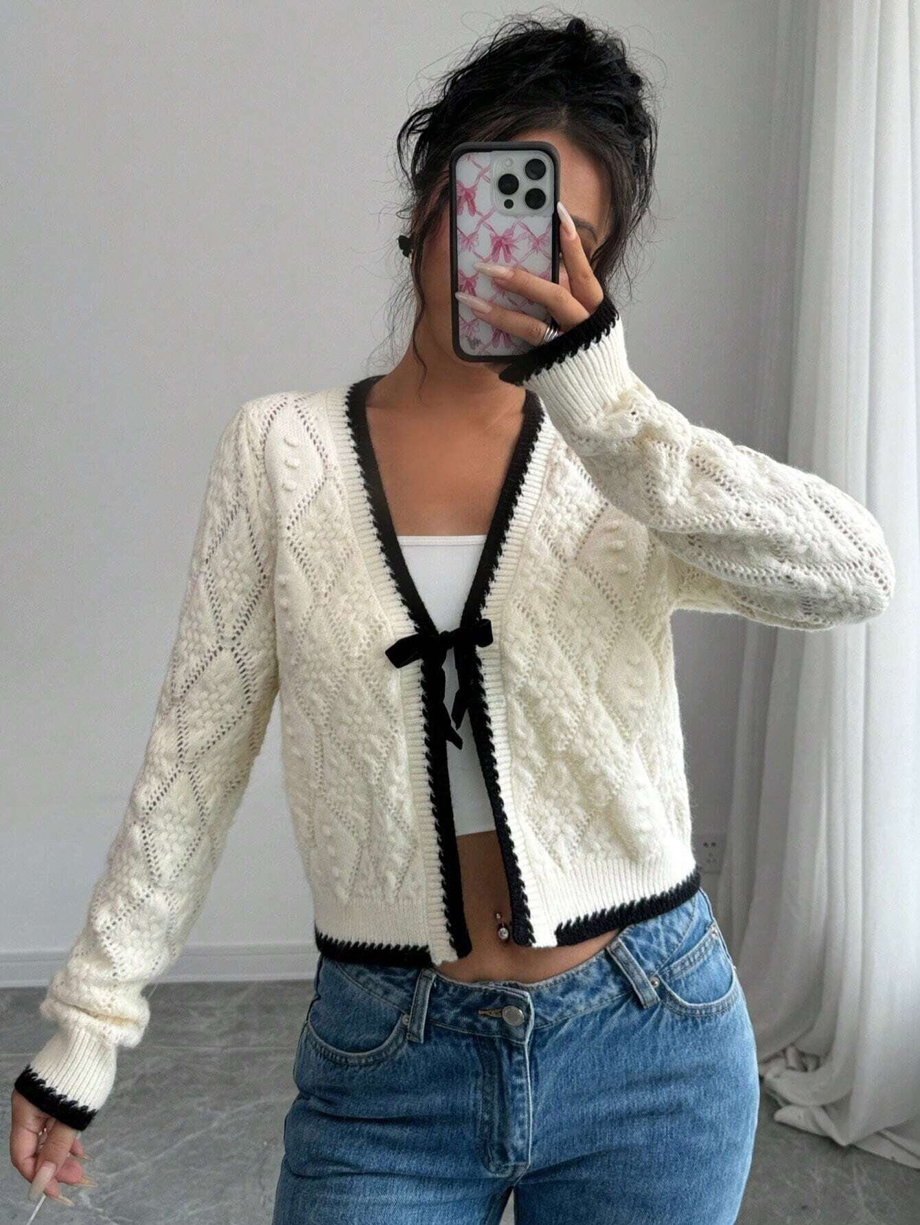 Title 5, Casual V-neck Bow Tie Knitted Jacket