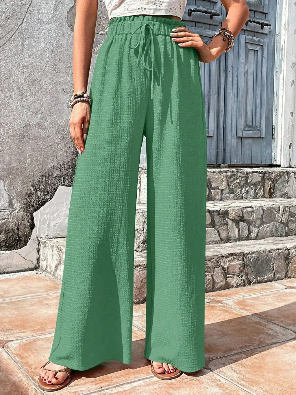 Fashionable All-match Bubble Plaid Casual Wide-leg Pants - Green