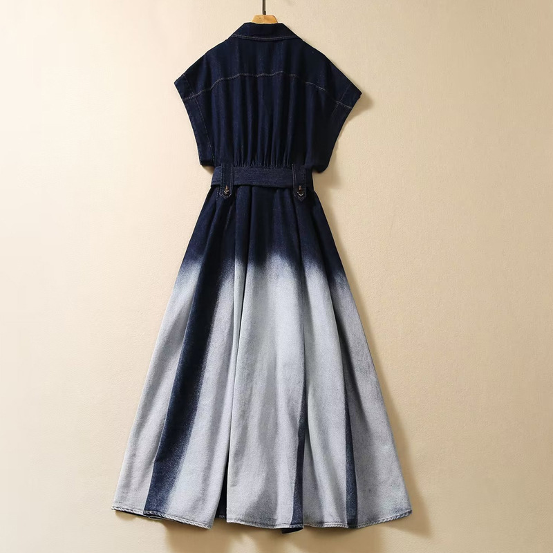 Lapel Single Breasted Short Sleeve Gradient Color Fashion Waist-controlled Denim Dress