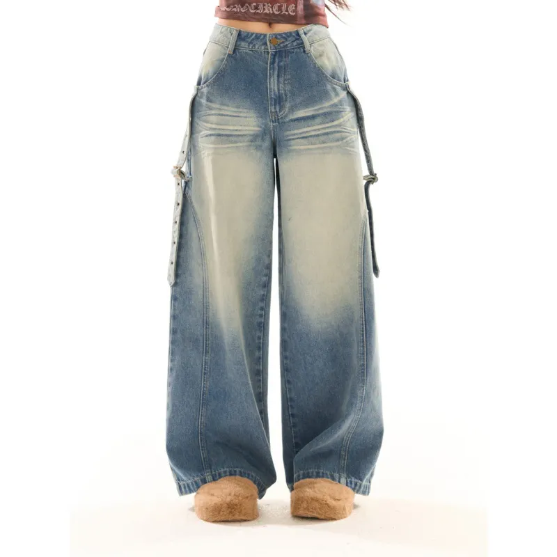 Niche Design Stretch Slimming Loose Straight Wide Leg Design Pants Flab Hiding - Blue