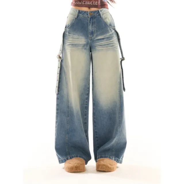 Niche Design Stretch Slimming Loose Straight Wide Leg Design Pants Flab Hiding Blue - Shop at LoveMi