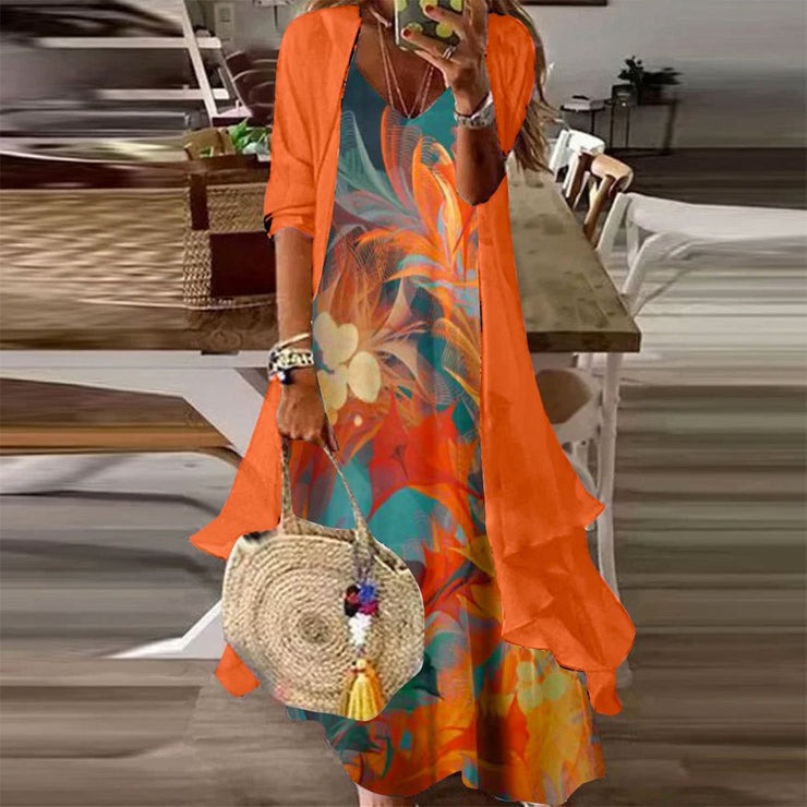 Printed V-neck Fluorescent Orange Suspender Dress