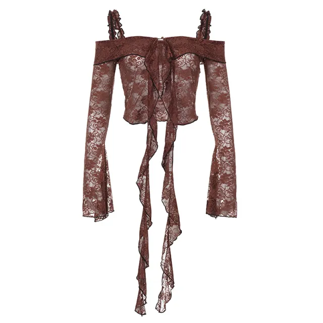 Women's Ins Street Retro Lace Shirt Women's Short Top Brown - Shop at LoveMi