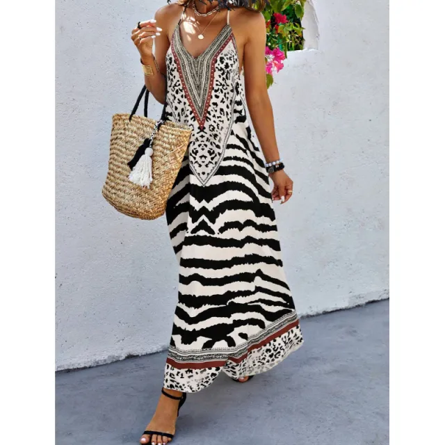 Animal Print Backless Halter European And American Style Dress Black - Shop at LoveMi