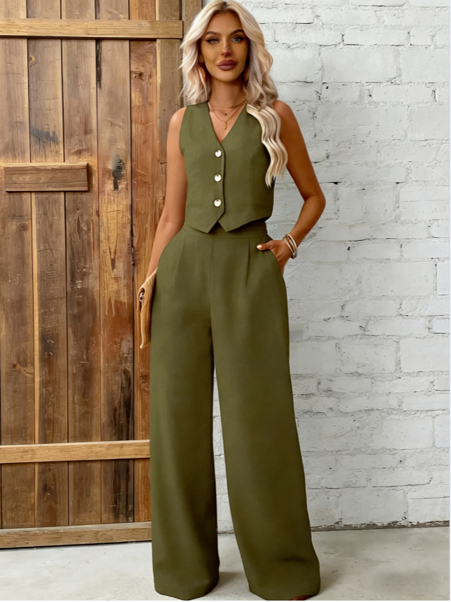 Women's Plus-Size Buttoned Vest & Pants Set in Black – sleeveless two-piece casual polyester