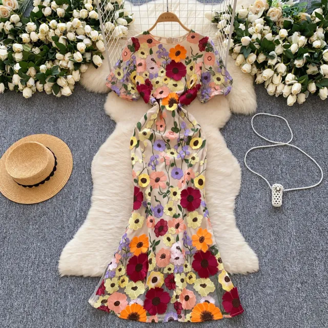 Elegant Flower Embroidery Round Neck Slim Waist Fishtail Dress Apricot - Shop at LoveMi