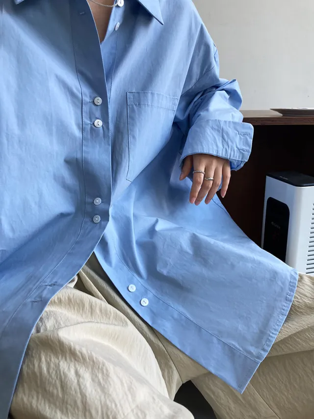French Casual Simple Solid Color Shirt For Women Blue - Shop at LoveMi