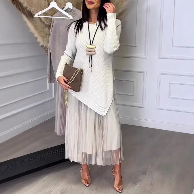 Lined Mesh Pleats Dress Suit For Women Ivory White - Shop at LoveMi