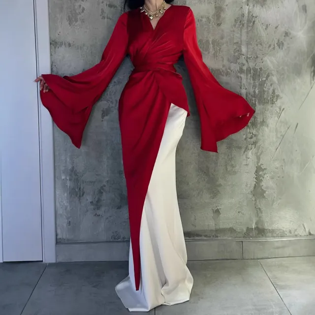 Elegant Satin Faux Two piece Evening Gown Red - Shop at LoveMi