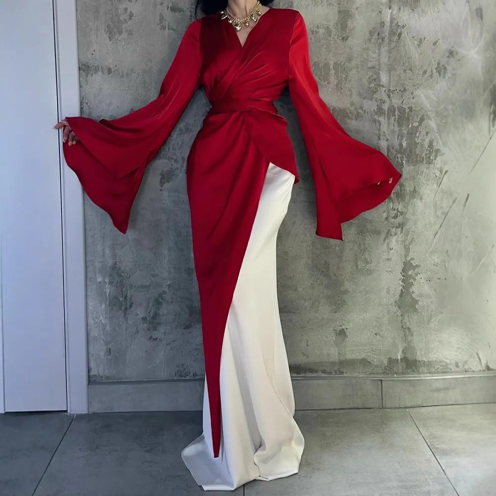Elegant Satin Faux Two-piece Evening Gown - Red
