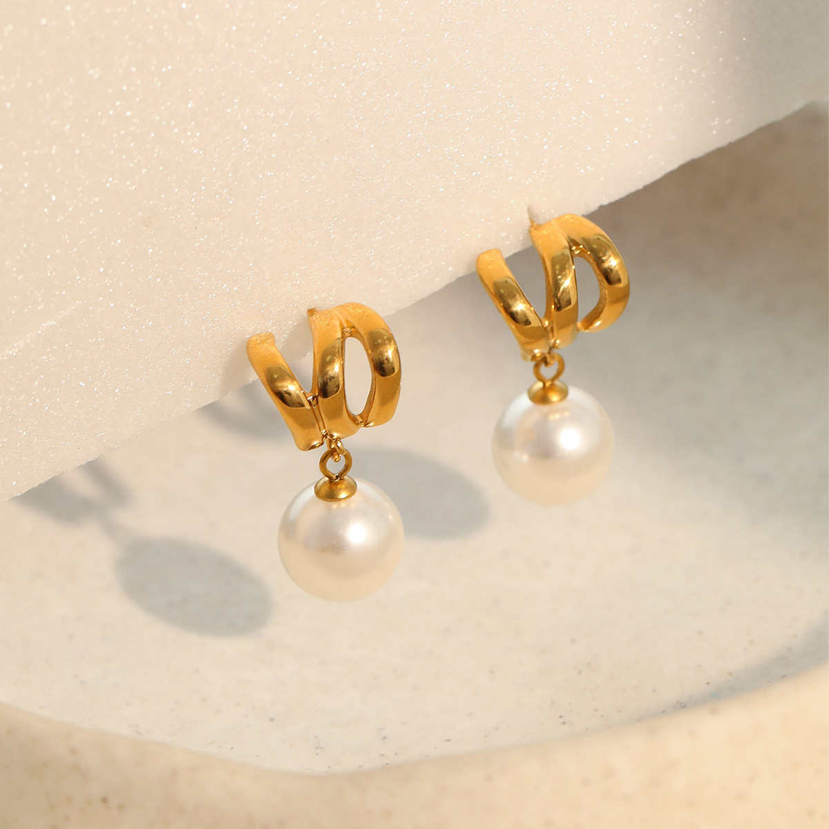 Stainless Steel 18K Gold Twisted Double-ring Earrings