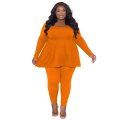 Women's Plus-Size Solid-Color Long-Sleeve T-Shirt Two-Piece Set - Orange - View 1