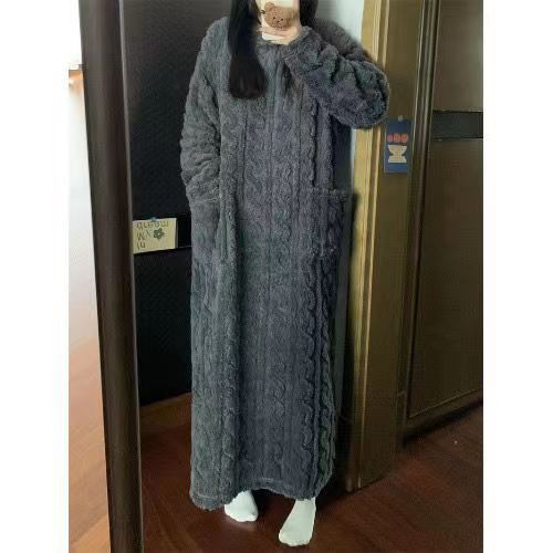Winter Koralle Fleece Nachtwäsche Damen Nachthemd Lang Nachtkleid Pyjama mit Po - Bild 6 von 11