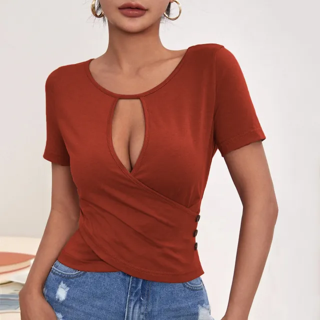 European And American New Sexy Hollow Button Slim Casual Short sleeved Top Orange - Shop at LoveMi