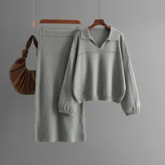 European And American Knitted Simple Hollow Solid Colour Loose Long Dress Suit - Grey - View 1
