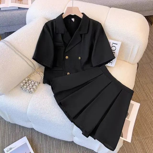 Irregular Top And Pleated Skirt Two piece Set Black - Shop at LoveMi