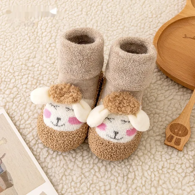 Autumn And Winter Non slip Cartoon Velvet Extra Thick Fluffy Loop Sock Shoes Khaki Lamb - Shop at LoveMi