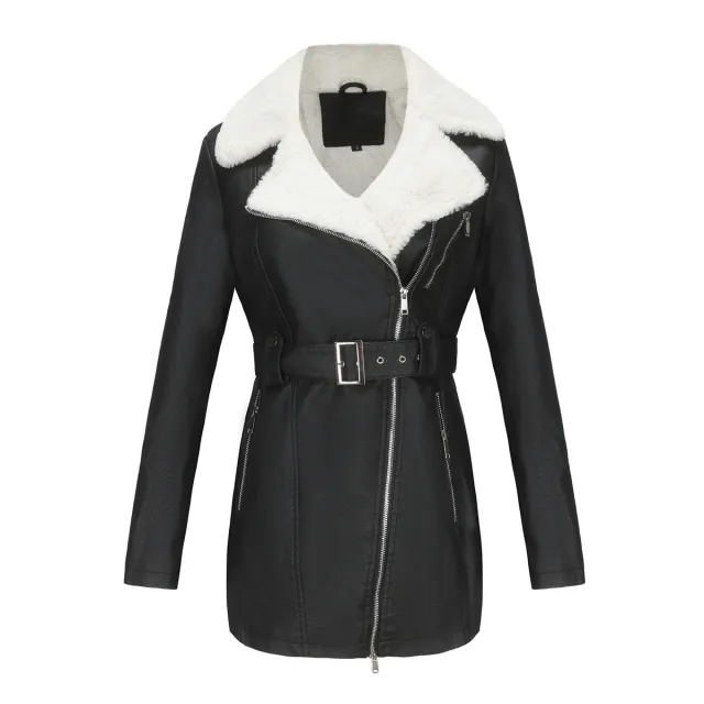 Long Sleeve Fleece Leather Jacket Women Black - Shop at LoveMi