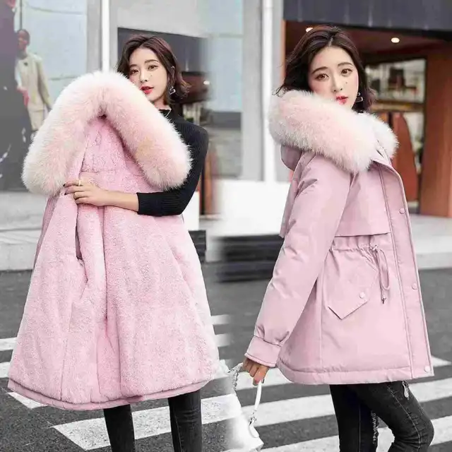 Long Style Large Fur Collar Fleece Lined Cotton Jacket Down Cotton Coat Outerwear Pink - Shop at LoveMi
