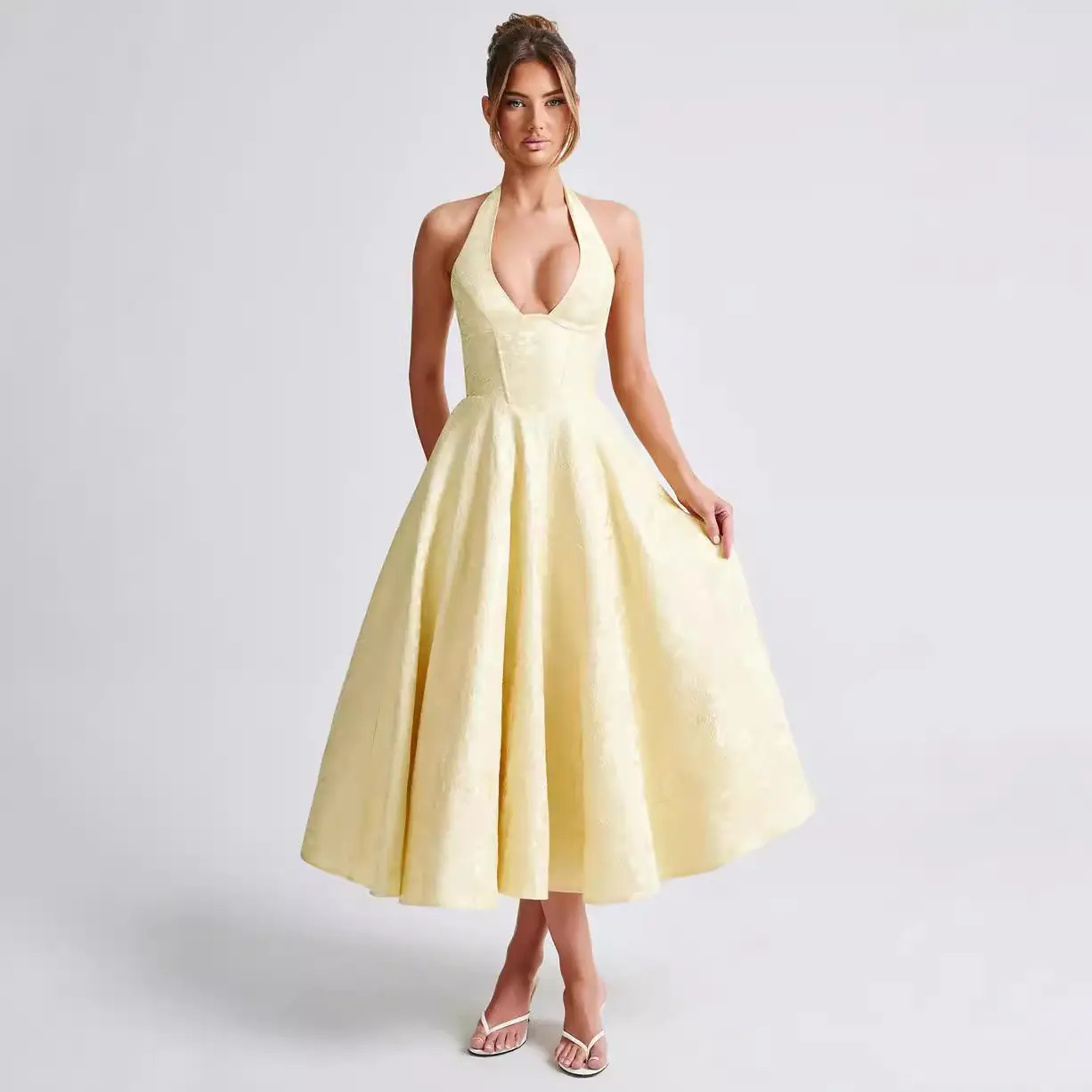 V-neck Halter Sleeveless Jacquard Lace-up Waist Vacation Style Long Senior Dress